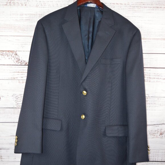 Stafford Men's Sport Coat Blazer Two Button Navy Blue Wool Poly Blend Sz 42R EUC - Picture 1 of 14